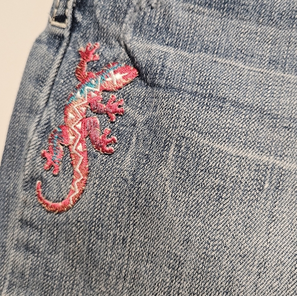 Petrol bootcut jeans with embroidered pink flowers skull and lizard size 28 - Picture 5 of 10